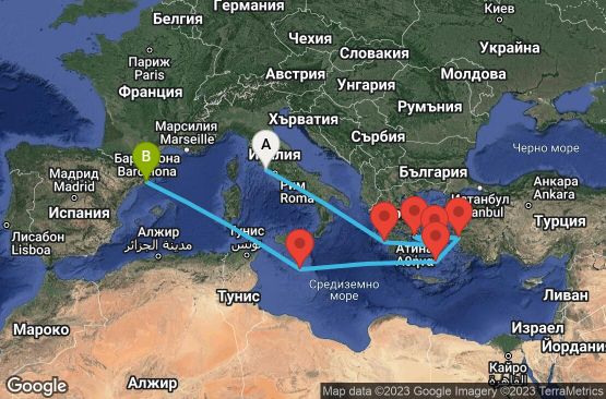 Маршрут на круиз 10 дни Италия, Гърция, Турция, Малта, Испания - 10M348