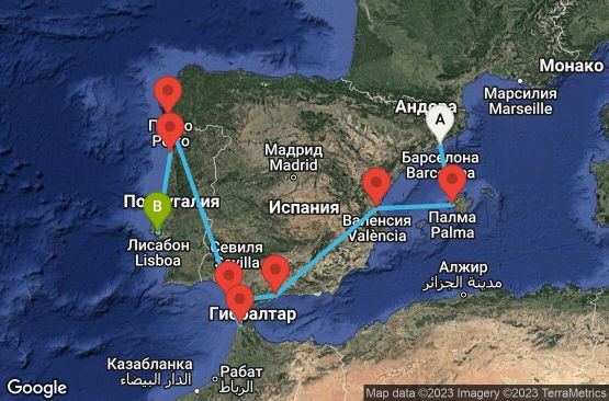 Маршрут на круиз 10 дни Испания, Мароко, Португалия - 10M349