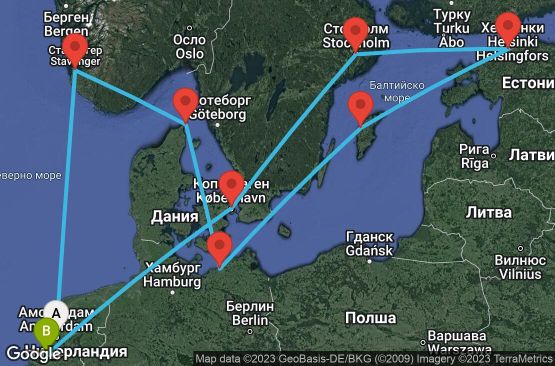 Маршрут на круиз 13 дни Холандия, Норвегия, Дания, Германия, Швеция, Естония - 13U149