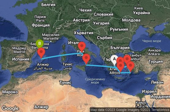 Маршрут на круиз 10 дни Гърция, Турция, Италия, Испания - 10M352