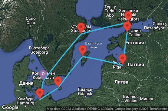Маршрут на круиз 10 дни Дания, Германия, Швеция, Латвия, Естония, Финландия - USDB
