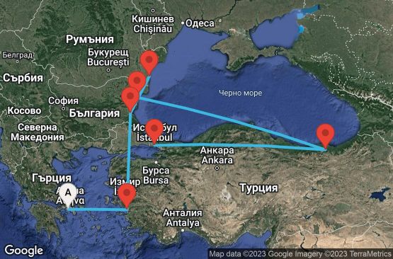 Маршрут на круиз 11 дни Гърция, Турция, България, Румъния, Грузия - 11V001