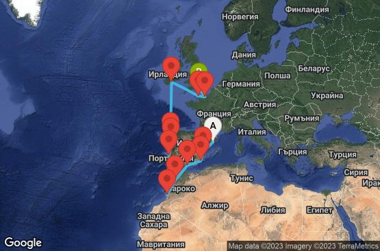 Маршрут на круиз 16 дни Испания, Мароко, Португалия, Ирландия, Франция, Великобритания - 16V003
