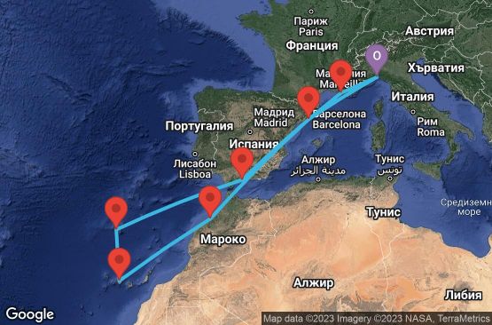 Маршрут на круиз 11 дни Италия, Испания, Мароко, Португалия, Франция - USO6