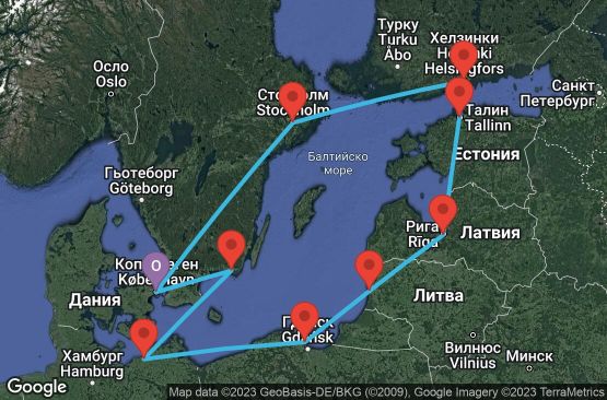 Маршрут на круиз 11 дни Дания, Швеция, Германия, Полша, Литва, Латвия, Естония, Финландия - USDM
