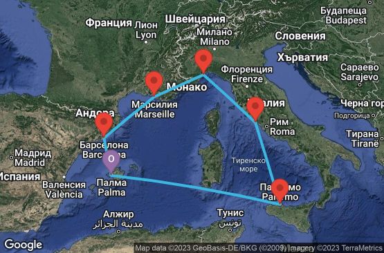 Маршрут на круиз 7 дни Испания, Италия, Франция - PMI07A13