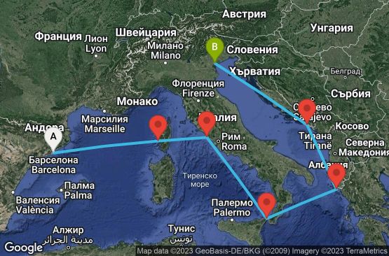 Маршрут на круиз 6 дни Испания, Франция, Италия, Гърция, Хърватска - US6Y