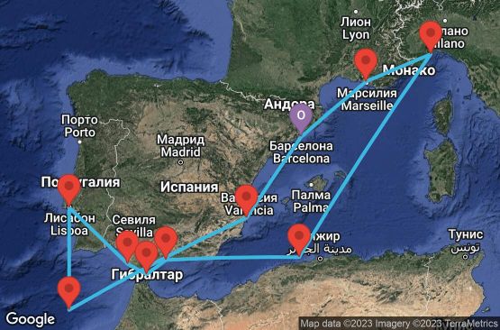 Маршрут на круиз 10 дни Испания, Франция, Италия, Гибралтар, Португалия - BCN10A0A