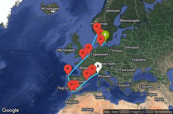 Маршрут на круиз 15 дни Италия, Франция, Испания, Белгия, Норвегия, Дания, Германия - SVN15A07