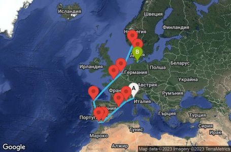 Маршрут на круиз 14 дни Италия, Франция, Испания, Белгия, Норвегия, Дания, Германия - SVN14A1Q