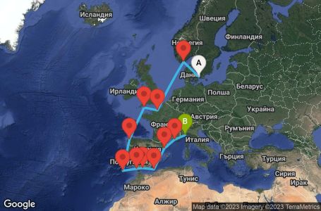 Маршрут на круиз 12 дни Дания, Норвегия, Франция, Испания, Италия - CPH12A06
