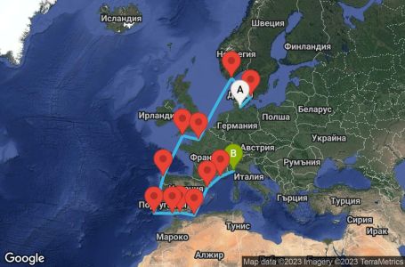 Маршрут на круиз 13 дни Германия, Дания, Норвегия, Франция, Испания, Италия - KEL13A06