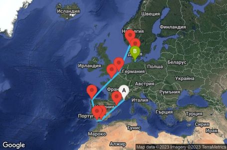 Маршрут на круиз 13 дни Франция, Испания, Белгия, Норвегия, Дания, Германия - MRS13A08
