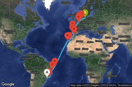 Маршрут на круиз 22 дни Бразилия, Испания, Португалия, Франция, Великобритания, Холандия, Германия - SSZ22A00