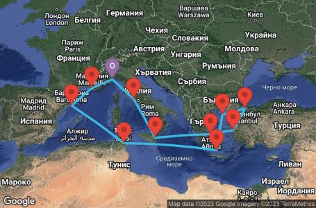 Маршрут на круиз 14 дни Италия, Гърция, Турция, Тунис, Испания, Франция - SVN14A1V