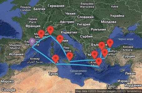 Маршрут на круиз 14 дни Испания, Франция, Италия, Гърция, Турция, Тунис - BCN14A20