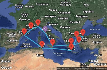 Маршрут на круиз 14 дни Италия, Гърция, Турция, Тунис, Испания, Франция - CIV14A15