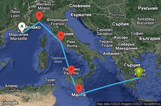 Маршрут на круиз 6 дни Франция, Италия, Малта, Гърция - YNE06A00