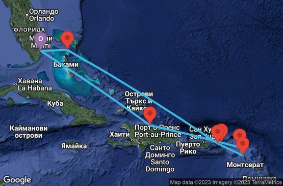 Маршрут на круиз 9 дни Източни Кариби от Маями - PERL09CNNMIAMIA