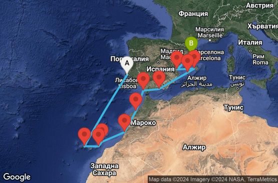 Маршрут на круиз 12 дни Западно Средиземноморие от Лисабон - DAWN12CNNLISBCN