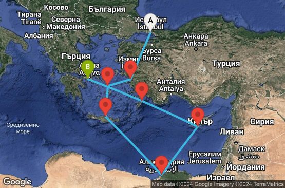 Маршрут на круиз 9 дни Източно Средиземноморие - GWYM10CNNISTPIR