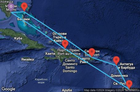 Маршрут на круиз 9 дни Южни Кариби от Маями - BWYC09CNNMIAMIA