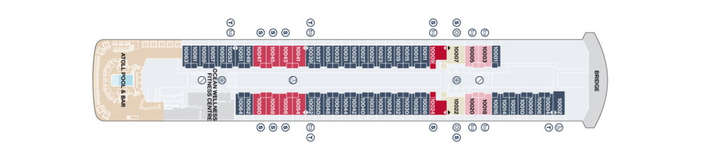 Палуба 10 на круизен кораб Explora I - разположение на каюти, ресторанти, места за забавления и спорт