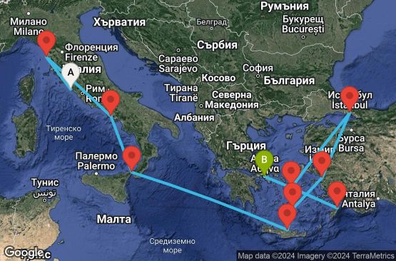 Маршрут на круиз 11 дни Гръцки острови и Италия - PEGK11CNNCIVPIR