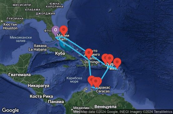 Маршрут на круиз 12 дни Южни Кариби от Маями - PRLS12CNNMIAMIA