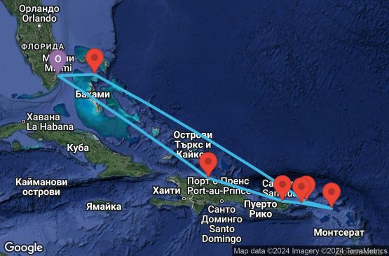 Маршрут на круиз 9 дни Източни Кариби от Маями - PRST09CNNMIAMIA