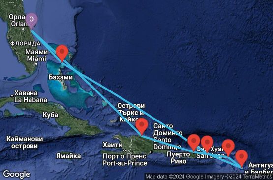 Маршрут на круиз 9 дни Източни Кариби от Порт Канаверал - JAEC09CNNPCVPCV