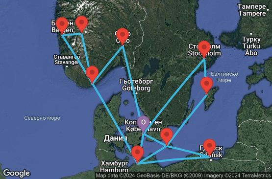 Маршрут на круиз 15 дни Дания, Германия, Полша, Швеция, Норвегия - UT92