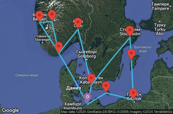 Маршрут на круиз 14 дни Германия, Норвегия, Дания, Полша, Швеция - UT8Z