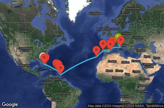 Маршрут на круиз 27 дни САЩ, Бахамските острови, Вирджински острови (Великобритания), Антигуа и Барбуда, Холандски Антили, Мартиника, Барбадос, Португалия, Испания, Италия - UTCG