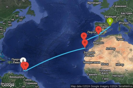 Маршрут на круиз 14 дни Гваделупа, Сейнт Винсент и Гренадини, Барбадос, Испания, Португалия - PTP14A0V