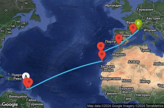 Маршрут на круиз 15 дни Гваделупа, Сейнт Винсент и Гренадини, Барбадос, Испания, Португалия, Франция - PTP15A02