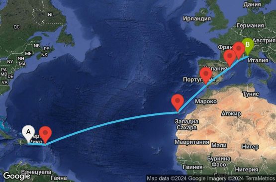 Маршрут на круиз 15 дни Доминиканска република, Холандски Антили, Испания, Франция, Италия - LRM15A00