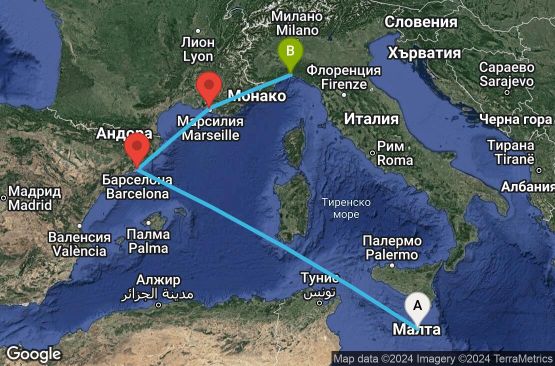 Маршрут на круиз 4 дни Малта, Испания, Франция, Италия - UQRH