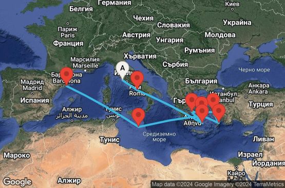 Маршрут на круиз 11 дни Италия, Гърция, Турция, Малта, Испания - 11M283