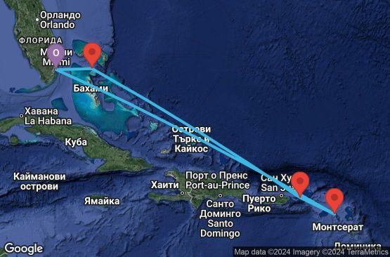 Маршрут на круиз 7 дни САЩ, Сейнт Китс и Невис, Вирджински острови (САЩ), Бахамските острови - 07E369