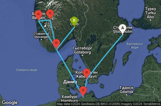 Маршрут на круиз 8 дни Швеция, Дания, Германия, Норвегия - UT1C