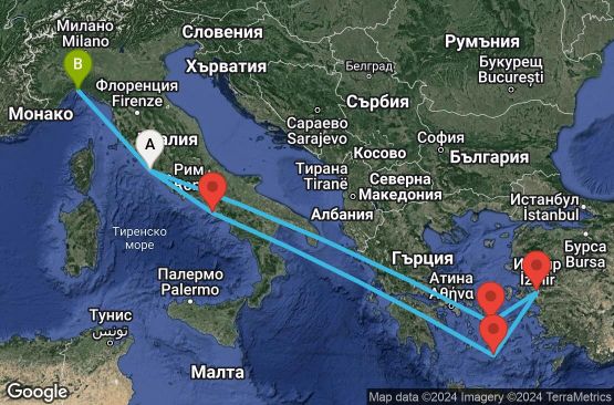 Маршрут на круиз 8 дни Италия, Гърция, Турция - UTSE