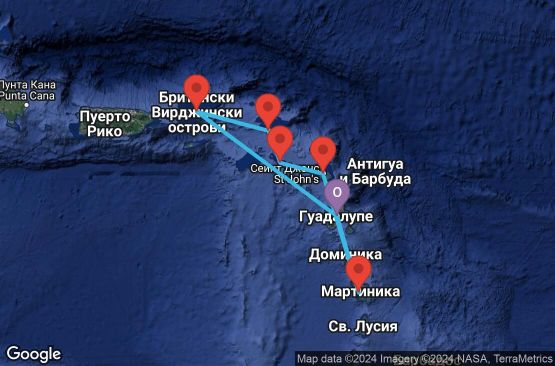 Маршрут на круиз 7 дни Гваделупа, Вирджински острови (Великобритания), Холандски Антили, Сейнт Китс и Невис, Антигуа и Барбуда, Мартиника - UTLI