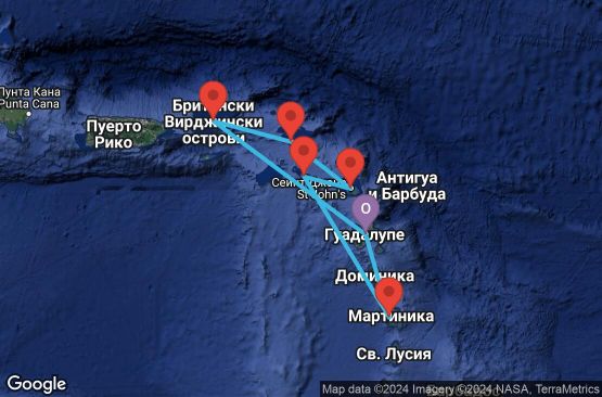 Маршрут на круиз 7 дни Гваделупа, Вирджински острови (Великобритания), Холандски Антили, Антигуа и Барбуда, Сейнт Китс и Невис, Мартиника - UTLW