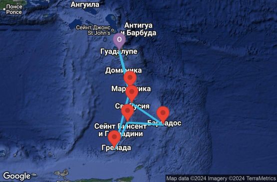 Маршрут на круиз 7 дни Гваделупа, Сейнт Лусия, Барбадос, Сейнт Винсент и Гренадини, Гренада, Мартиника - UTM4