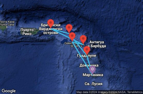 Маршрут на круиз 7 дни Мартиника, Гваделупа, Холандски Антили, Вирджински острови (Великобритания), Антигуа и Барбуда, Сейнт Китс и Невис - UTKI