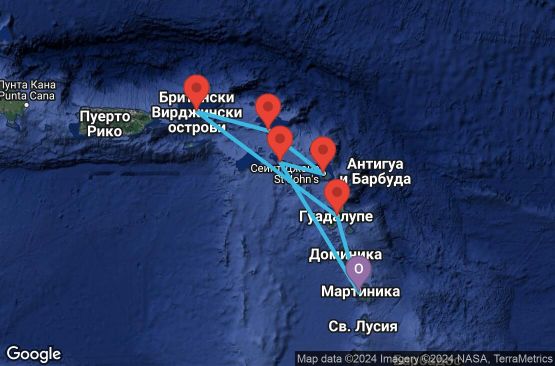 Маршрут на круиз 7 дни Мартиника, Гваделупа, Вирджински острови (Великобритания), Холандски Антили, Антигуа и Барбуда, Сейнт Китс и Невис - UTKE