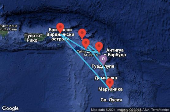 Маршрут на круиз 7 дни Гваделупа, Холандски Антили, Антигуа и Барбуда, Сейнт Китс и Невис, Вирджински острови (Великобритания), Мартиника - UTLU