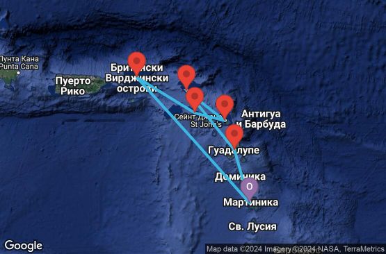 Маршрут на круиз 7 дни Мартиника, Гваделупа, Холандски Антили, Антигуа и Барбуда, Сейнт Китс и Невис, Вирджински острови (Великобритания) - UTKG