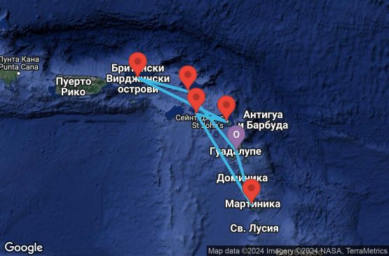 Маршрут на круиз 7 дни Гваделупа, Холандски Антили, Вирджински острови (Великобритания), Антигуа и Барбуда, Сейнт Китс и Невис, Мартиника - UTM2